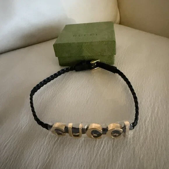 NEW GUCCI LEATHER Choker Logo Gold 100% Authentic Necklace